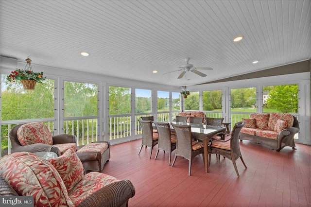 217 Rising Meadow Way E, Stroudsburg, PA 18302 - sunroom featuring ceiling fan, outdoor dining area, outdoor lounge area, hardwood / wood-style flooring, and wood ceiling