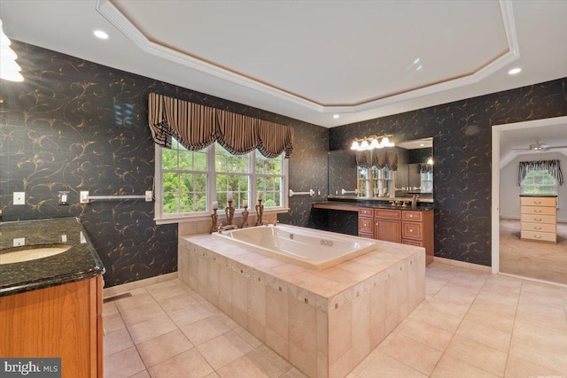 217 Rising Meadow Way E, Stroudsburg, PA 18302 - full bath with tile patterned flooring, two vanities, baseboards, wallpapered walls, and a bath
