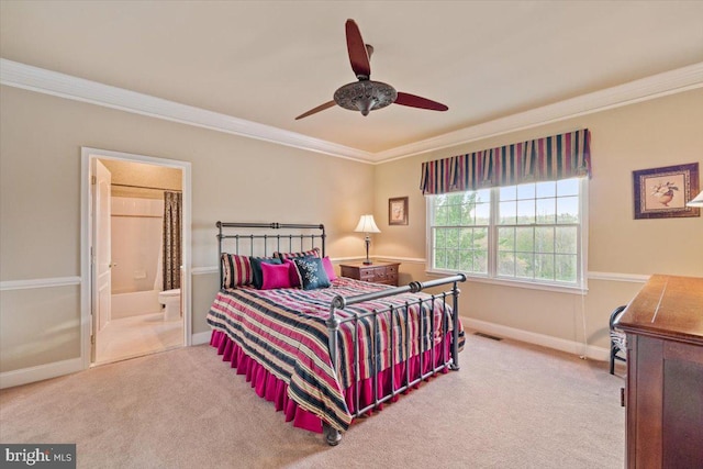 217 Rising Meadow Way E, Stroudsburg, PA 18302 - carpeted bedroom featuring crown molding, connected bathroom, baseboards, and ceiling fan