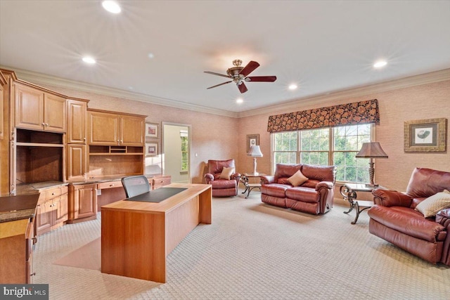 217 Rising Meadow Way E, Stroudsburg, PA 18302 - office area featuring light colored carpet, recessed lighting, ceiling fan, and ornamental molding