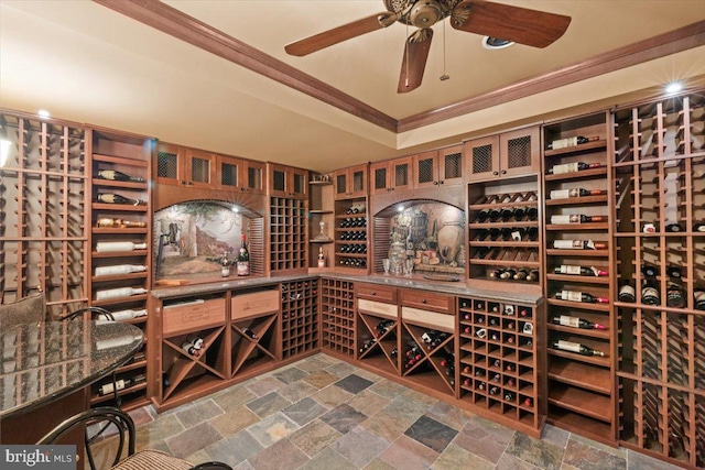 217 Rising Meadow Way E, Stroudsburg, PA 18302 - wine area with ornamental molding, stone finish floors, and a ceiling fan