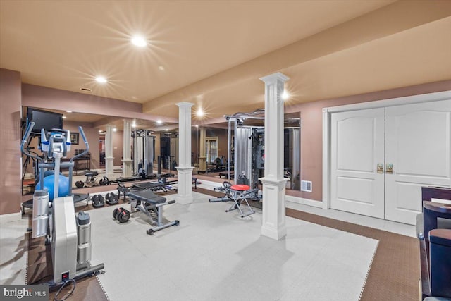 217 Rising Meadow Way E, Stroudsburg, PA 18302 - gym with decorative columns and recessed lighting