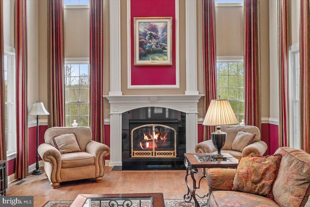 217 Rising Meadow Way E, Stroudsburg, PA 18302 - living area with a fireplace with flush hearth, wood finished floors, and baseboards