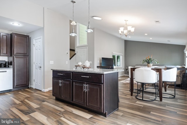 370 Juniper Ct, Herndon, VA 20170 - kitchen with wood finished floors, dark brown cabinetry, a chandelier, recessed lighting, and a center island