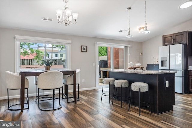 370 Juniper Ct, Herndon, VA 20170 - kitchen featuring stainless steel refrigerator with ice dispenser, a chandelier, dark wood-style flooring, and a kitchen island