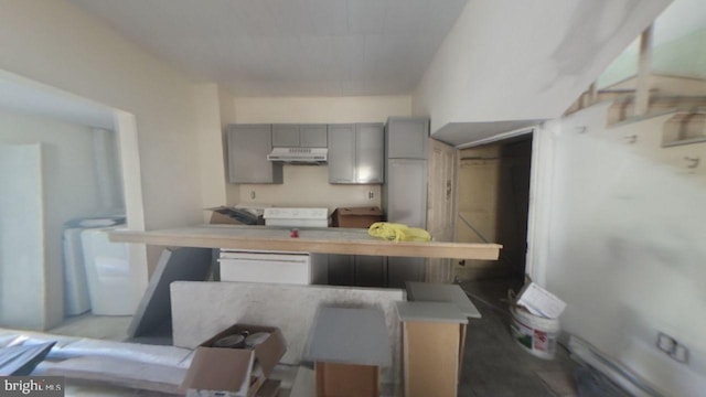 1500 Main St, Gilberton, PA 17934 - kitchen featuring gray cabinetry, under cabinet range hood, a peninsula, and light countertops