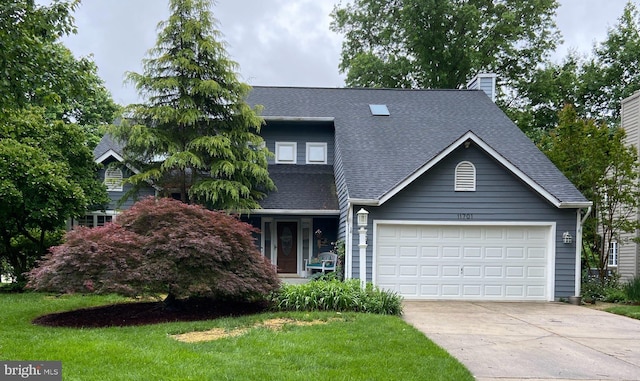 11701 Morningmist Ln, Columbia, MD 21044 - view of front of house featuring a shingled roof, concrete driveway, a front lawn, an attached garage, and a chimney