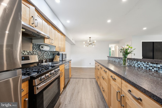 kitchen with appliances with stainless steel finishes, under cabinet range hood, a sink, backsplash, and light wood finished floors