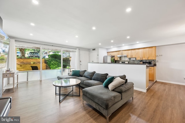 living room with light wood-type flooring and recessed lighting