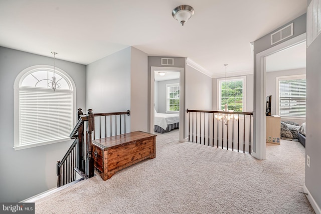 3104 Reach Eagle Ct, Woodbridge, VA 22191 - hallway with an upstairs landing, carpet floors, and a chandelier