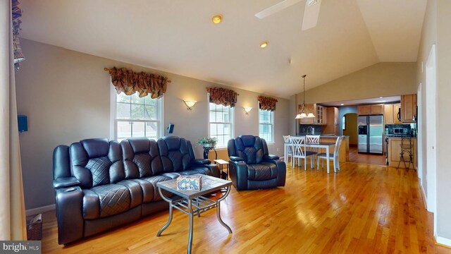 38 Ward Ave, Audubon, NJ 08106 - living room with light wood finished floors, vaulted ceiling, and ceiling fan
