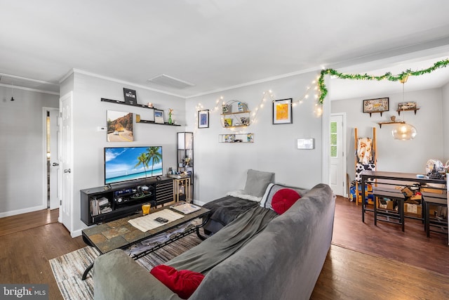 221 Walnut St, West Deptford, NJ 08096 - living room with wood finished floors, ornamental molding, attic access, and baseboards