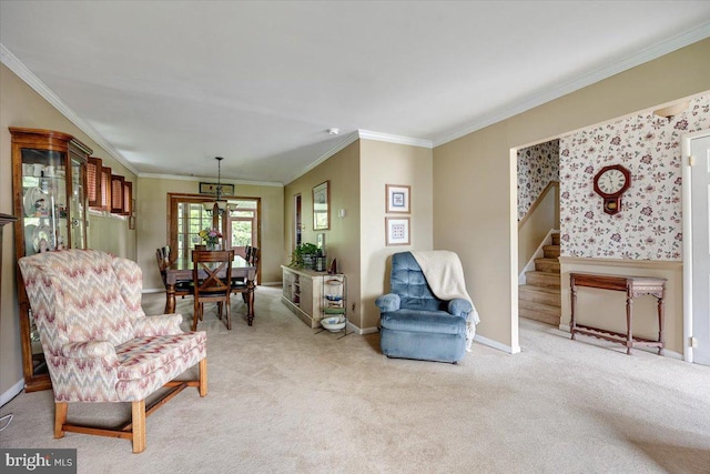 carpeted living room with stairway, ornamental molding, and baseboards