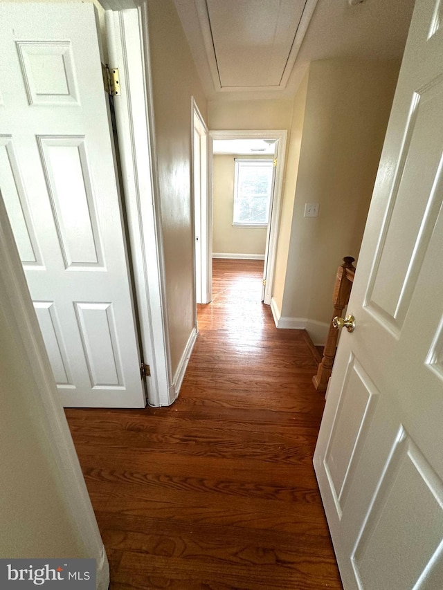 912 Evesham Ave, Baltimore, MD 21212 - hallway with attic access, baseboards, and dark wood finished floors