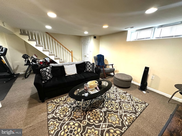 912 Evesham Ave, Baltimore, MD 21212 - carpeted living room with recessed lighting, stairway, and baseboards