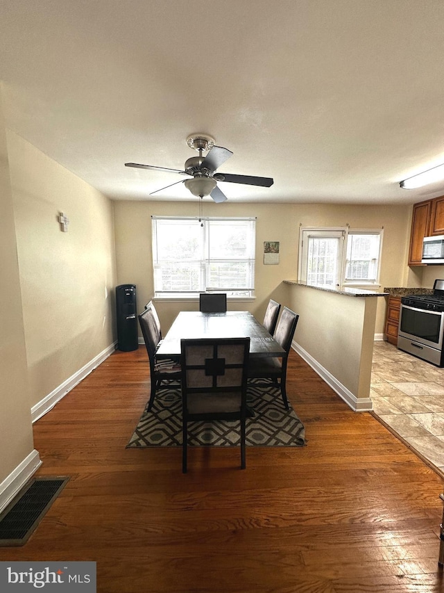 912 Evesham Ave, Baltimore, MD 21212 - dining room with baseboards, plenty of natural light, light wood finished floors, and a ceiling fan