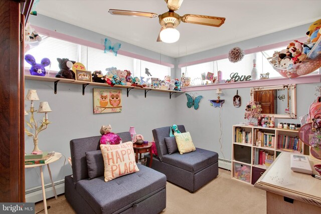 400 Hill Cir, Reading, PA 19607 - living area with a baseboard radiator, carpet flooring, and ceiling fan