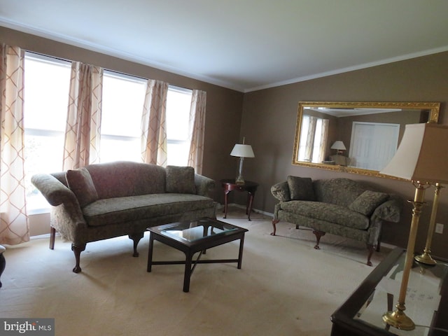 538 Haventree Ct, New Hope, PA 18938 - living room featuring ornamental molding, light colored carpet, baseboards, and vaulted ceiling