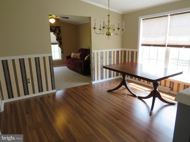 538 Haventree Ct, New Hope, PA 18938 - dining room featuring wood finished floors, a chandelier, ornamental molding, ceiling fan, and vaulted ceiling