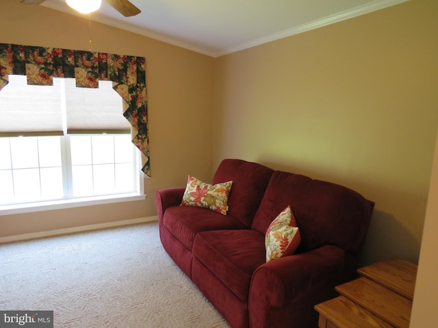 538 Haventree Ct, New Hope, PA 18938 - living room featuring carpet floors, baseboards, ceiling fan, crown molding, and stairway