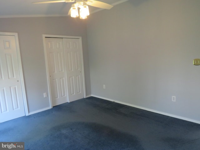 538 Haventree Ct, New Hope, PA 18938 - unfurnished bedroom featuring dark colored carpet, crown molding, baseboards, and a ceiling fan