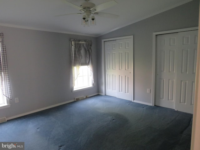 538 Haventree Ct, New Hope, PA 18938 - unfurnished bedroom with carpet floors, vaulted ceiling, baseboards, multiple closets, and crown molding