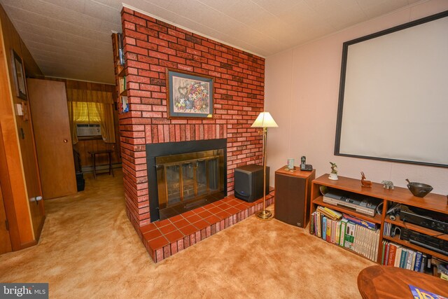 206-208 N 10th St, Oakland, MD 21550 - carpeted home theater room featuring a fireplace, wood walls, and cooling unit