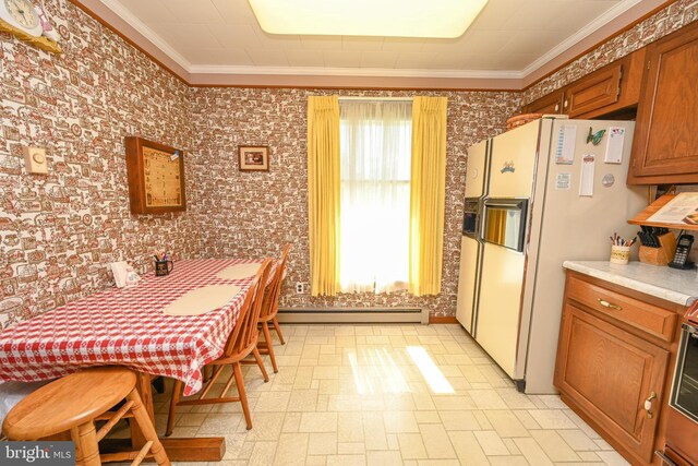 206-208 N 10th St, Oakland, MD 21550 - dining space with a baseboard heating unit, ornamental molding, light flooring, and wallpapered walls