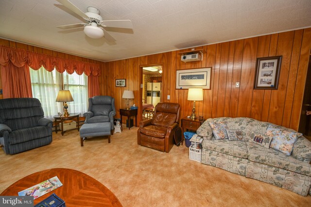 206-208 N 10th St, Oakland, MD 21550 - carpeted living area with a ceiling fan, wooden walls, and a wall unit AC