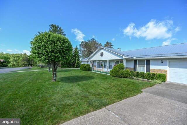 206-208 N 10th St, Oakland, MD 21550 - ranch-style house featuring a front yard, covered porch, stone siding, driveway, and metal roof