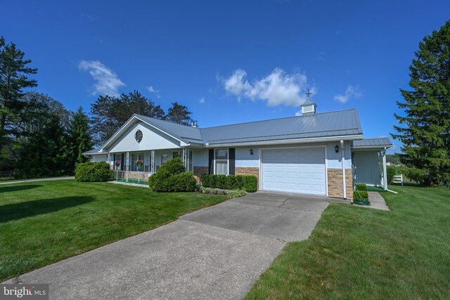 206-208 N 10th St, Oakland, MD 21550 - ranch-style house featuring a garage, a front yard, stone siding, and metal roof