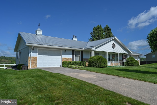 206-208 N 10th St, Oakland, MD 21550 - single story home with a chimney, an attached garage, stone siding, driveway, and metal roof