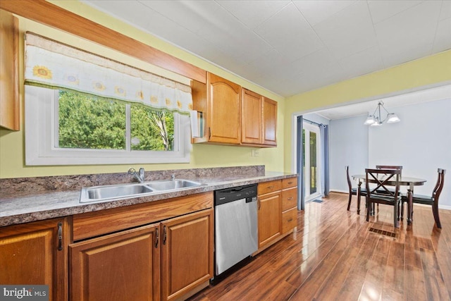 3 High Ridge Rd, Pemberton, NJ 08068 - kitchen featuring dishwasher, a sink, dark wood-style floors, brown cabinets, and a chandelier
