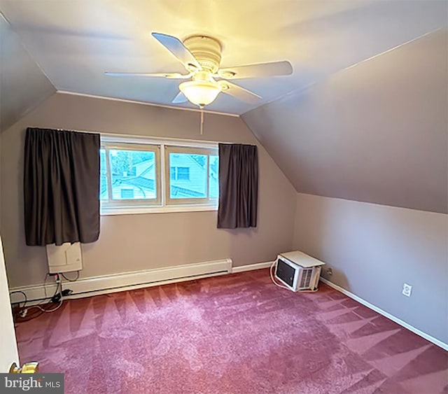bonus room featuring vaulted ceiling, carpet floors, a ceiling fan, and baseboards