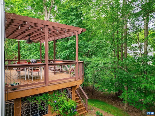 2657 Coralberry Pl, Charlottesville, VA 22911 - deck with a pergola, a ceiling fan, stairway, and outdoor dining space