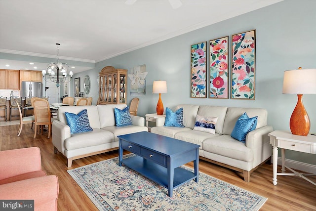 301 14th St Unit 308/309, Ocean City, MD 21842 - living room with a chandelier, ornamental molding, light wood-style floors, recessed lighting, and baseboards