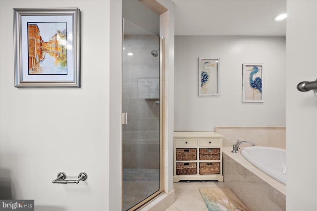 301 14th St Unit 308/309, Ocean City, MD 21842 - full bathroom featuring a stall shower, tile patterned flooring, a garden tub, and recessed lighting