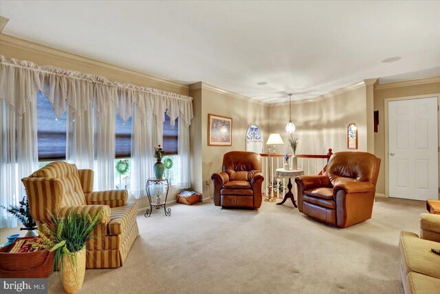 carpeted living room with ornamental molding