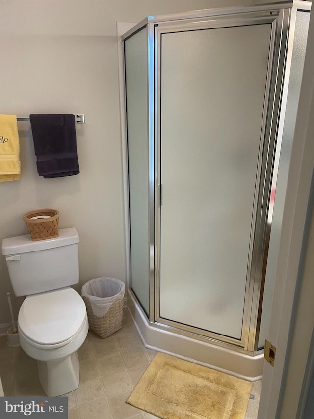 310 Hilltop Ln, Chestertown, MD 21620 - bathroom with a stall shower, baseboards, toilet, and tile patterned floors