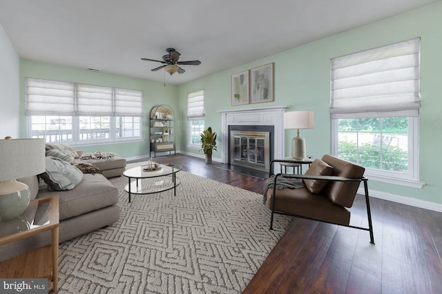 217 Pratt Ct, Sewell, NJ 08080 - living room with ceiling fan, wood finished floors, and a fireplace with flush hearth