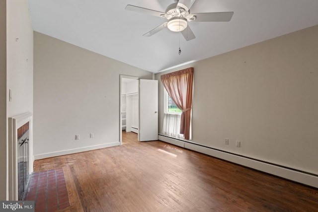 6802 Nesbitt Pl, Mclean, VA 22101 - unfurnished living room with lofted ceiling, wood finished floors, baseboard heating, a ceiling fan, and baseboards
