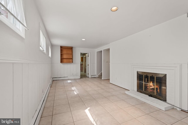 6802 Nesbitt Pl, Mclean, VA 22101 - unfurnished living room with a brick fireplace, stairway, light tile patterned floors, wainscoting, and recessed lighting
