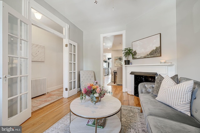 1823 4th St NW, Washington, DC 20001 - living area featuring radiator heating unit, wood finished floors, french doors, and a fireplace