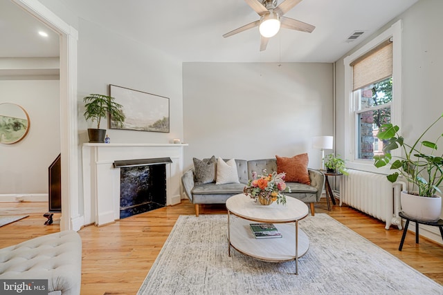 1823 4th St NW, Washington, DC 20001 - living room featuring ceiling fan, wood finished floors, a fireplace, radiator heating unit, and baseboards