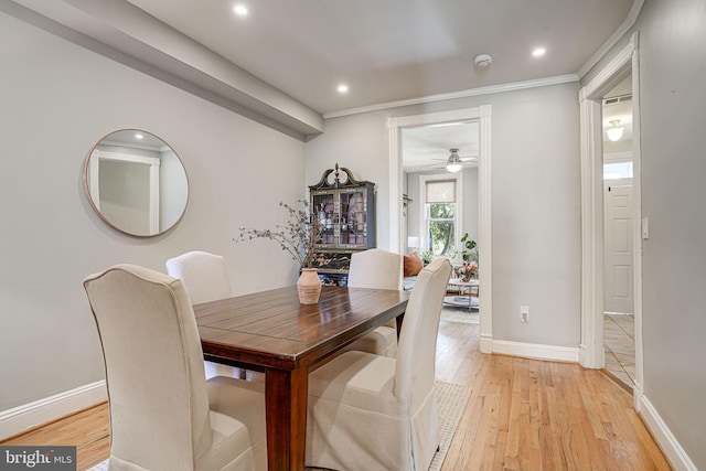 1823 4th St NW, Washington, DC 20001 - dining area featuring light wood-style floors, baseboards, recessed lighting, ceiling fan, and crown molding