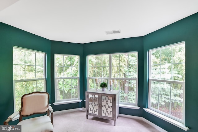 sitting room with carpet, plenty of natural light, and baseboards