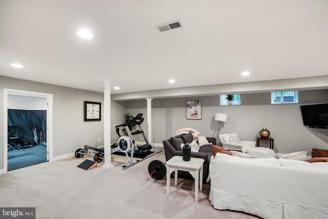 exercise room with recessed lighting, carpet, and baseboards