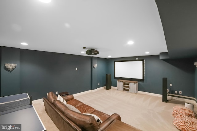 carpeted cinema room with baseboards and recessed lighting