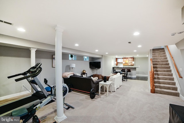 exercise area with bar area, recessed lighting, baseboards, and carpet floors