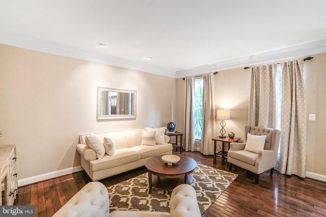living area featuring hardwood / wood-style flooring, crown molding, and baseboards